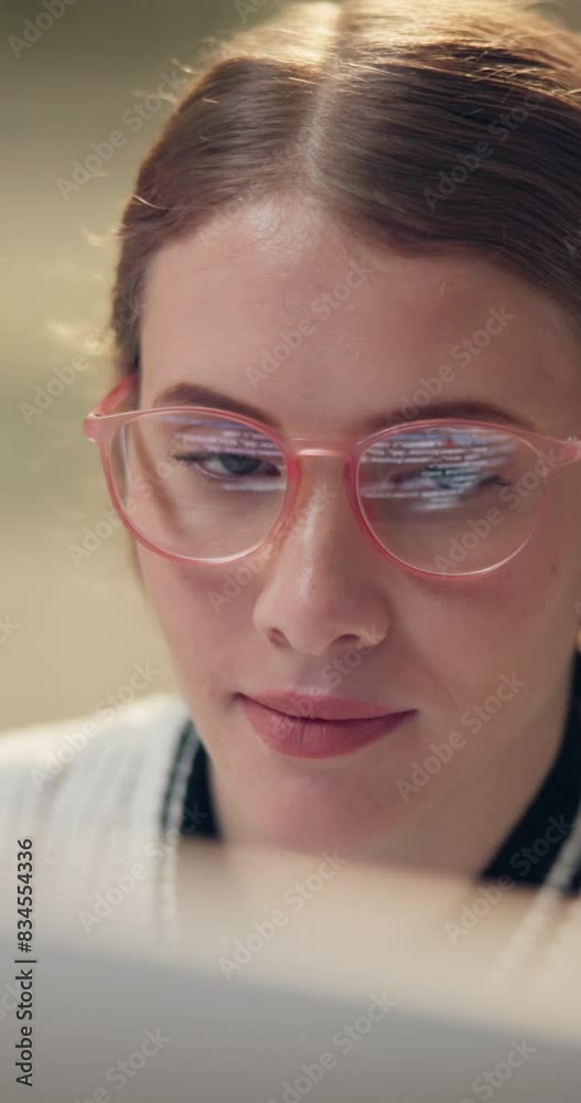 Aufkleber Glasses, computer and face of woman programming for coding, reading or work on software project email in startup. Reflection, web designer or closeup of person on pc for information technology online