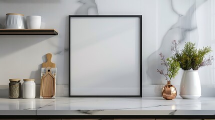 Modern Kitchen Cabinet Shelf Mockup with Glossy Small Size Black Border Frame on Wall Background - 3D Rendering