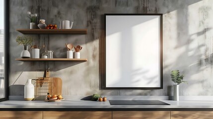 Minimalist Glossy Black Border Frame Mockup on Kitchen Cabinet Shelf - 3D Rendering