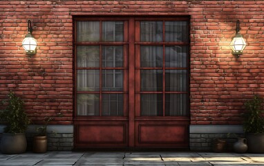 A door with glass panes on the front of a brick building. Red brick exterior