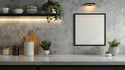 Modern Black Border Frame Mockup on Kitchen Cabinet Shelf with Glossy Finish, Wall Background - 3D Rendering