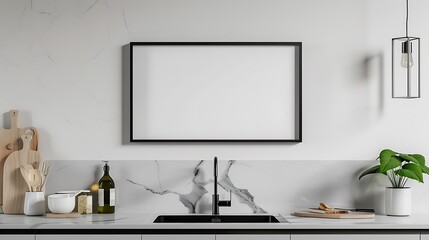 Sleek Small Size Black Border Frame Mockup on Kitchen Cabinet Shelf with Wall Background - 3D Rendering