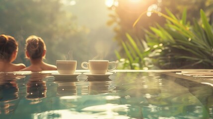 Two friends enjoying a peaceful spa retreat with warm cups of coffee, surrounded by serene natural...