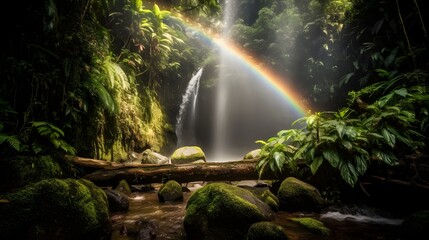 Enchanting Forest Waterfall with Rainbow