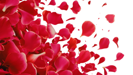 red rose petals background, flying red rose flower petals isolated on a transparent background, AI-generated.