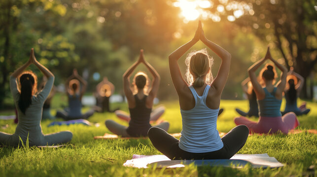 A group of people practicing yoga together in a park, showcasing the community aspect of yoga practice, Park Yoga, hd, with copy space, inscription International Yoga Day