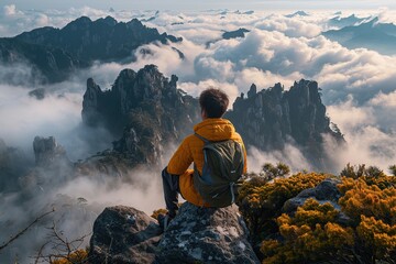 Obraz premium An adventurous climber conquering the summit of Mountain, basking in the exhilarating sense of accomplishment and panoramic views