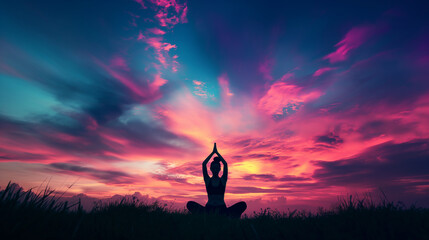 A silhouette of a person practicing yoga against a colorful sunset sky, representing the unity of...