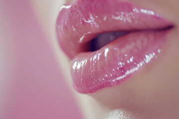 Close-up of beautiful female lips with soft white skin, shiny, healthy coloured lips, half open, sigh.
