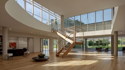 A large, open space with a staircase leading up to a second floor.