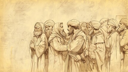 Naklejka premium Biblical Illustration of Ezra 4: Opposition to rebuilding efforts by local adversaries, letters to Persian kings, resulting halt of construction, Beige Background, copyspace