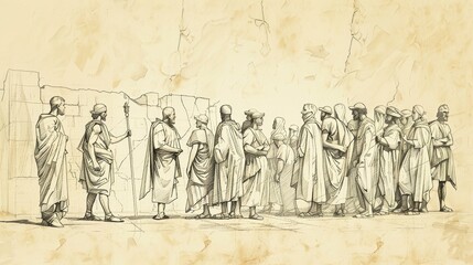 Biblical Illustration of Ezra 7: Arrival of Ezra in Jerusalem, commission from King Artaxerxes, efforts to teach and enforce the Law of Moses, Beige Background, copyspace