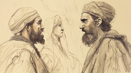 Biblical Illustration of Genesis 20: Abraham's Encounter with Abimelech, Misunderstanding about Sarah, God's Protection on Beige Background with Copyspace for Themes of Trust and Integrity