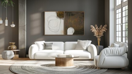 Fototapeta premium A beautiful modern living room with a white sofa, armchair and coffee table in front of the window, wooden floor, wall art mock up with two frames on a dark gray wall, soft warm lighting.