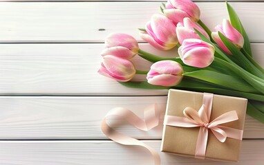 Pink Tulips and Gift Box on Wooden Background