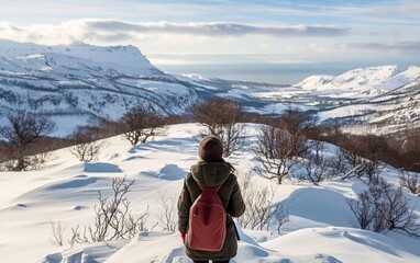 Solitary Winter Trekker Gazing at Snowy Mountain Landscape