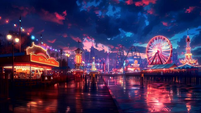 Amusement park at night with roller coaster. Seamless looping time-lapse animation background.