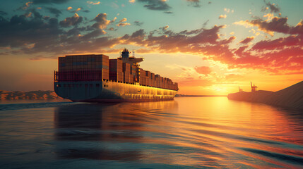 Cargo ship sailing through a narrow canal. 
