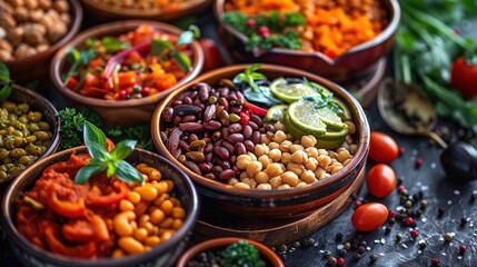 Assortment of colorful beans and legumes in bowls.