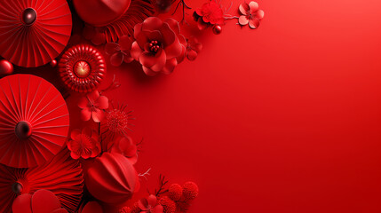 Red floral paper art with intricate designs. Copy space. Generative AI