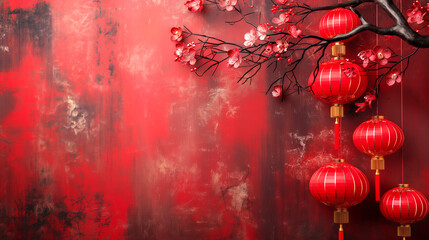 Fototapeta premium Chinese New Year celebration with red lanterns and cherry blossoms. Copy space. Generative AI