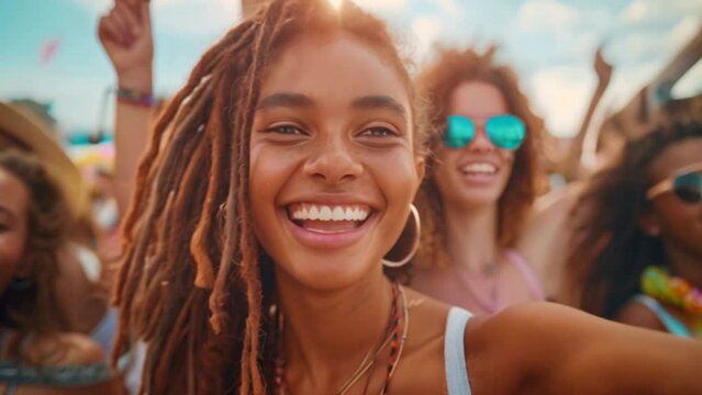 An energetic music festival creates a celebratory atmosphere where friends dance and groove together. Group of young people have fun at a summer camp. Photo intentionally