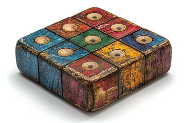 Obraz premium Colorful vintage wooden puzzle block, beautifully aged with rich textures and hues, arranged in a 3x3 grid on a white background.