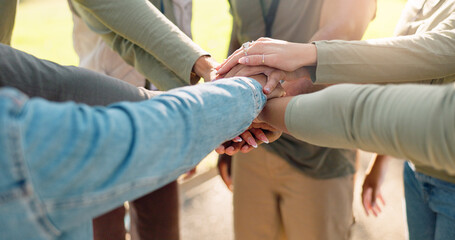 Hands, people and volunteer for climate change, stack and support for motivation, teamwork and eco...