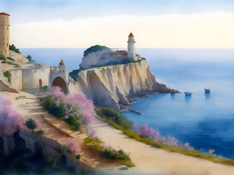 Kaliakra Bulgaria Country Landscape Watercolor Illustration Art