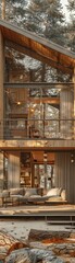 Fototapeta premium Modern wooden cabin with large glass windows and cozy interior nestled in a forest setting, ideal for nature retreats and relaxation.