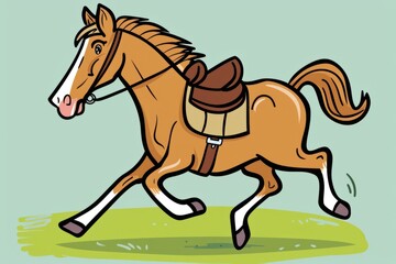 Cartoon cute doodles of a horse galloping with a saddle and reins, Generative AI