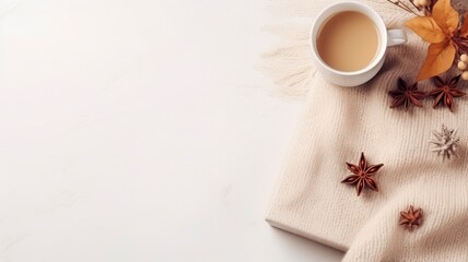 Autumn or winter composition. Gift box Coffee cup, cinnamon sticks, anise stars, beige sweater with knitted blanket on cream color gray fluffy background. Flat lay top view copy space, generative ai