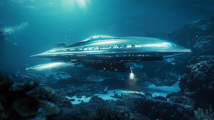 The image shows a futuristic underwater city with a large submarine docked at a landing bay.