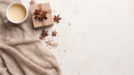 Autumn or winter composition. Gift box Coffee cup, cinnamon sticks, anise stars, beige sweater with knitted blanket on cream color gray fluffy background. Flat lay top view copy space, generative ai
