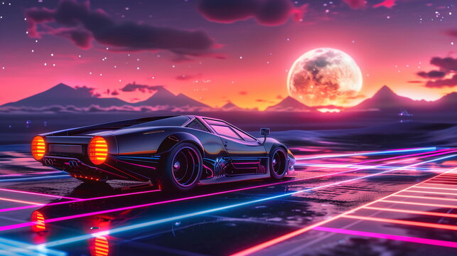 A vivid and detailed photograph showcasing 80's vibes with a synthwave theme, capturing a retro-futuristic landscape. The image features a sleek, vintage sports car with a glossy finish, parked on a