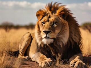 Obraz premium lion in the savannah, lion is sitting and watching.