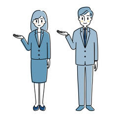 スーツ姿でご案内ポーズをとる男女のイラスト