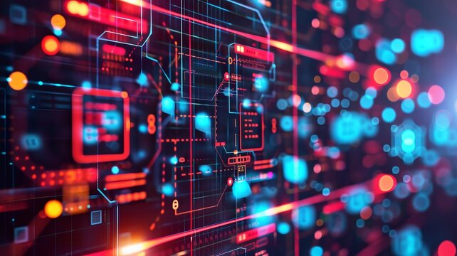 Futuristic digital circuit board with glowing lights and connections, representing advanced technology, data, and communication network.