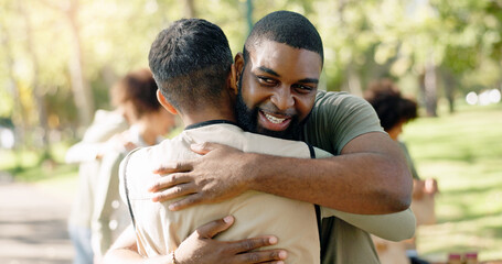 Happy man, friends and volunteer with hug in nature for welcome, thank you or partnership at...