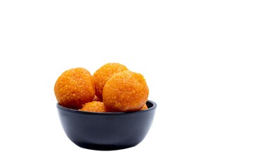 Bundi Ladoo or Motichoor Laddu in a Black Bowl Isolate on White Background with Copy Space, Also Known as Motichur Laddoo