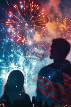 Silhouettes of two people watching colorful fireworks display in the night sky, celebrating with bright and vibrant explosions of light.