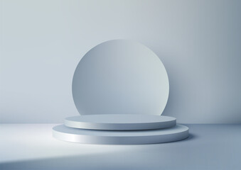 3D blue podium stack with circle backdrop on blue background, Modern product display mockup
