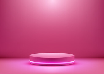 3D Bright Pink Podium with Neon Light, Modern Technology Concept