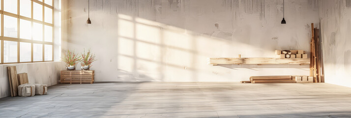 Warehouse interiors with ample spaces, natural light and copyspace.