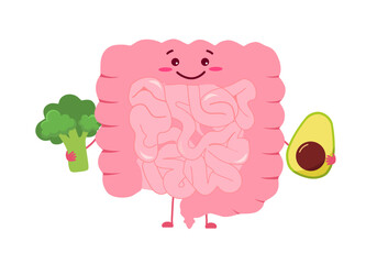 Healthy happy intestine character with broccoli and avocado cartoon vector on white background. Healthy digestive intestine concept.