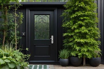 Fototapeta premium Black front door of green house, tree and bench.