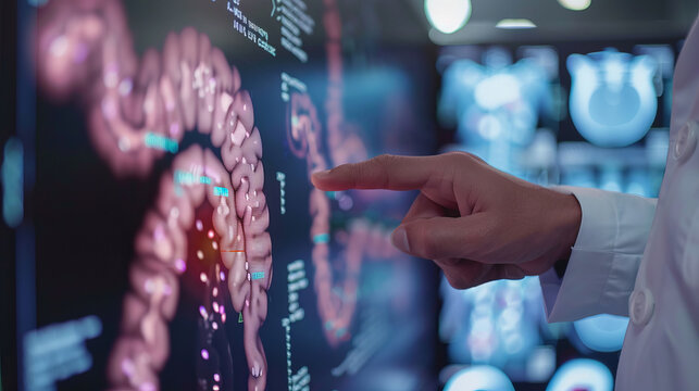 Doctor Analyzing Colon X-ray on Screen. Hand a doctor point to a colon cancer in x-ray digital screen