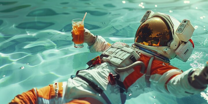 Astronaut floating in a pool with tropical drinks and inflatable rings Concept: summer relaxation, space vacation, tropical fun, poolside leisure, astronaut at rest. defocus