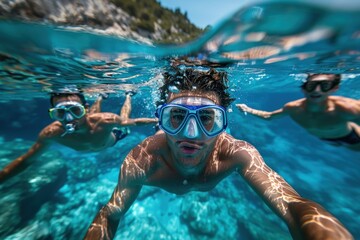Fototapeta premium Friends diving off a yacht into the crystal-clear sea during a summer vacation. The close-up shot captures their joyful expressions and the exhilarating moment of the dive. The vibrant blue water and