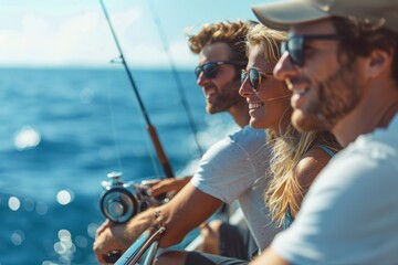 Friends fishing off the side of a yacht during a summer vacation. The close-up captures their focused expressions and the anticipation of a catch. The calm, blue sea and a distant island provide a